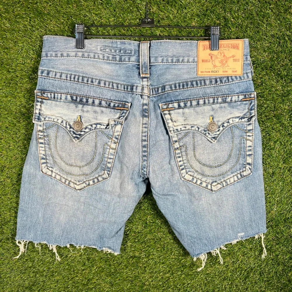 True Religion Ricky Cut Off Denim Shorts Mens 33 Light Wash Blue Made in USA